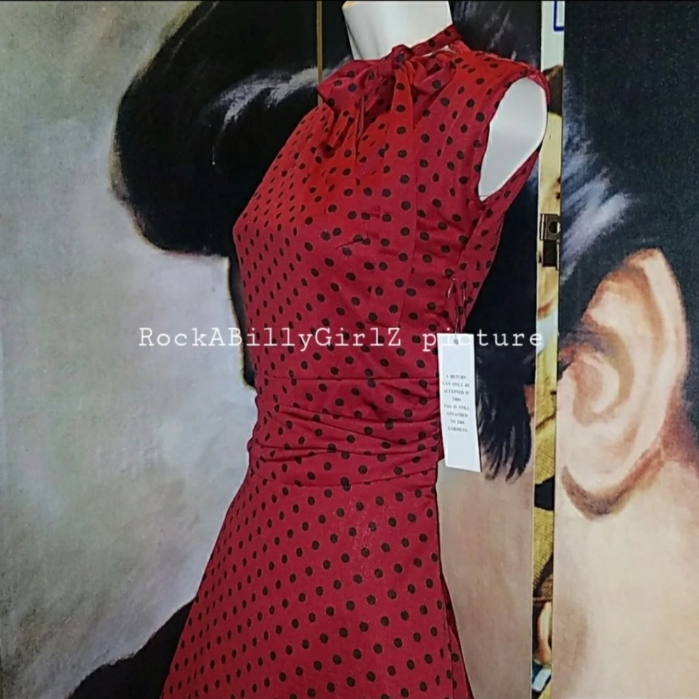Lindy Bop Dottie Retro 1940's Red w Black Polka Dots Tea Dress w Tied Bow Collar - Picture 5 of 8